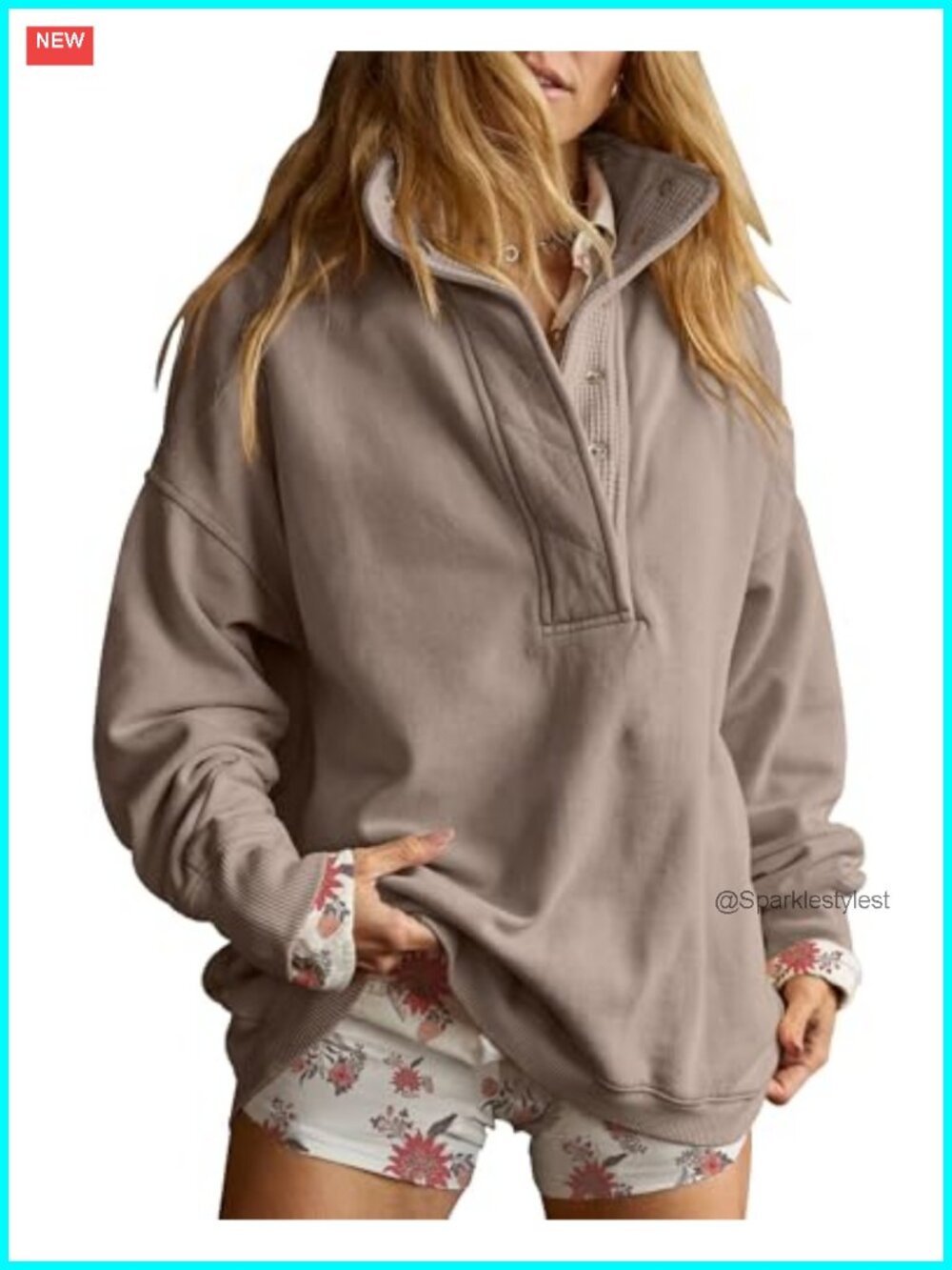 Oversized Henley Neck Sweatshirt Pullover Top Cotton Blend Snap Buttons